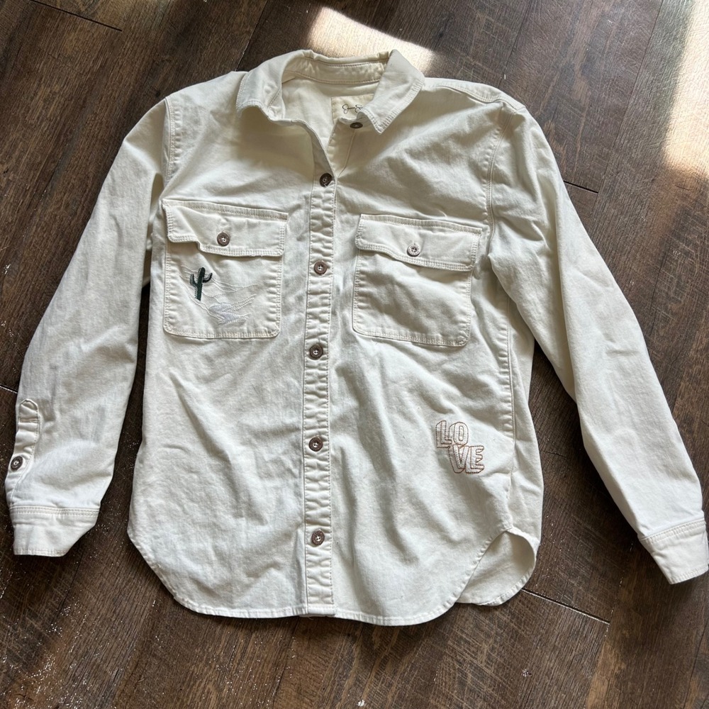 Jessica Simpson Womens XS Cream Embroidered Desert Cactus Sun Mountain Shirt